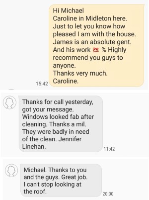 Screenshots of messages from satisfied customers of Pro Wash Roof Cleaning and Soft Washing, Cork, Ireland