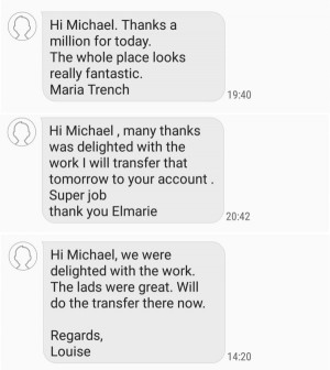 Screenshots of messages from satisfied customers of Pro Wash Roof Cleaning and Soft Washing, Cork, Ireland