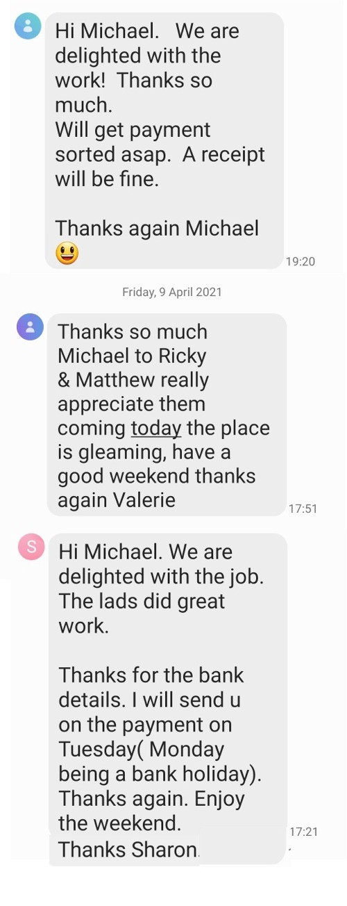 Screenshots of messages from satisfied customers of Pro Wash Roof Cleaning and Soft Washing, Cork, Ireland