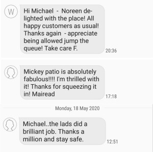 Screenshots of messages from satisfied customers of Pro Wash Roof Cleaning and Soft Washing, Cork, Ireland