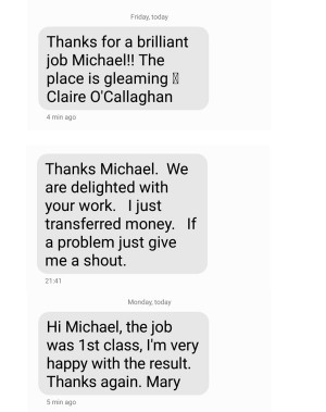 Screenshots of messages from satisfied customers of Pro Wash Roof Cleaning and Soft Washing, Cork, Ireland